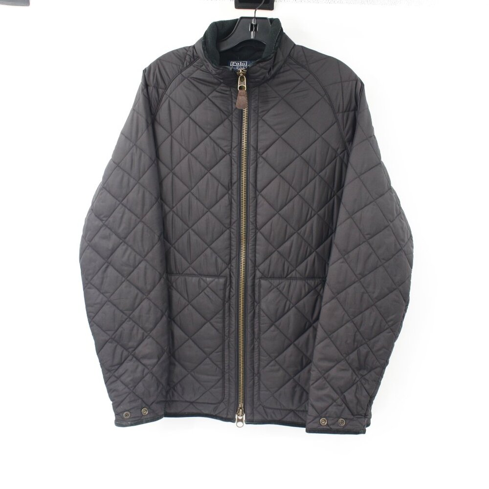 Polo Ralph Lauren Jacket Womens Medium Quilted Trim Leather fleece lined Black